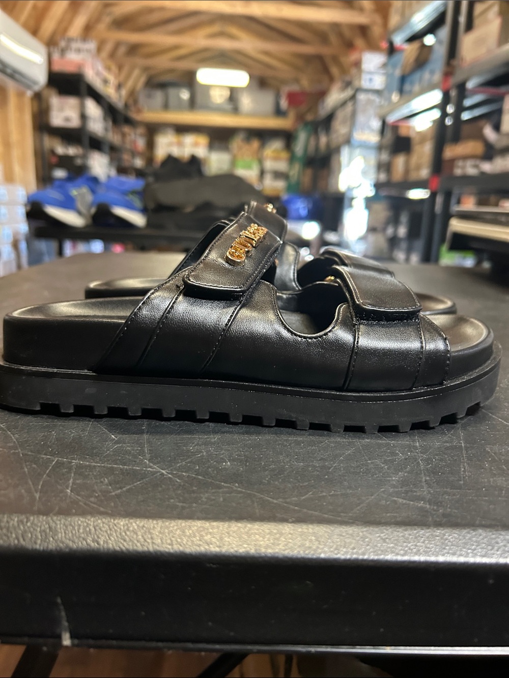 Women’s Guess Black Leather Double-Strap Slide Sandals- Size 5M